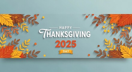 Happy Thanksgiving 2025 Banner with Autumn Leaves and Berries