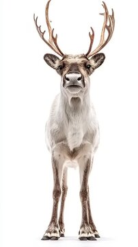 Reindeer Standing White Background Showing Tongue and Antlers.