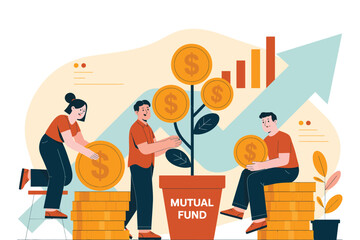 Illustrated people investing in mutual fund with growing money tree concept