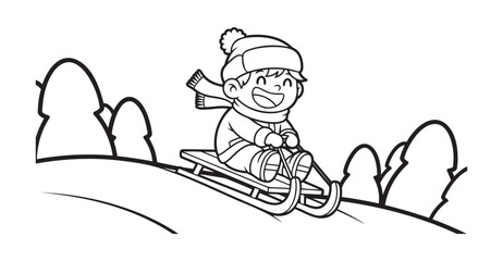 Black and white coloring page of child sledding on snowy hill — ideal for kids, education and winter activity content.
