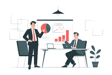 Two businessmen discussing charts and graphs in a modern office setting indoors