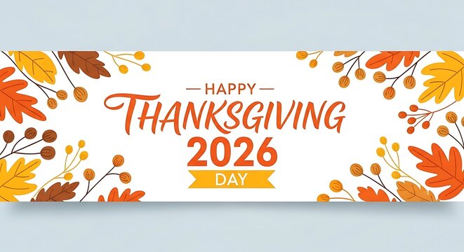 Happy Thanksgiving Day 2026 with Autumn Leaves and Berries Festive Banner