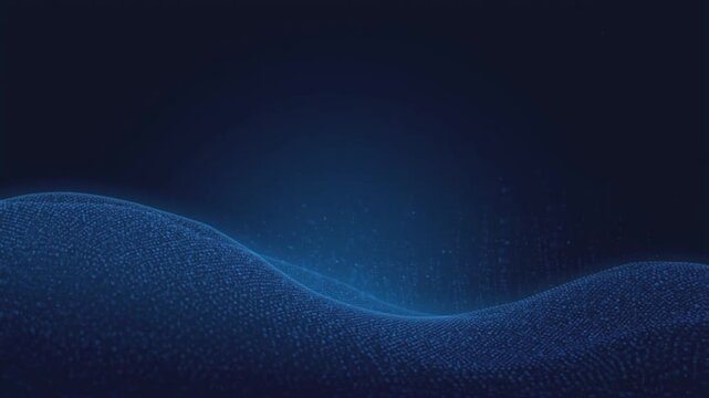 Dark blue digital wave composed of numerous small glowing dots against a dark background with faint digital particles