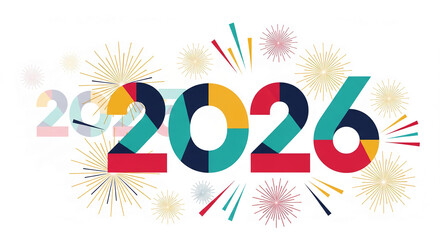Illustration of the year 2026 in blocky, geometric forms with festive fireworks, suggesting future celebration, new year, or event announcement