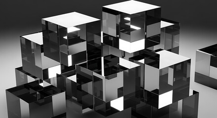 Monochromatic rendering of stacked glass-like cubes showcasing intricate light interaction and reflections