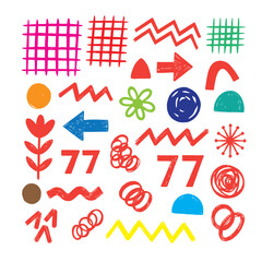 Collection of colorful hand drawn doodle elements on white background