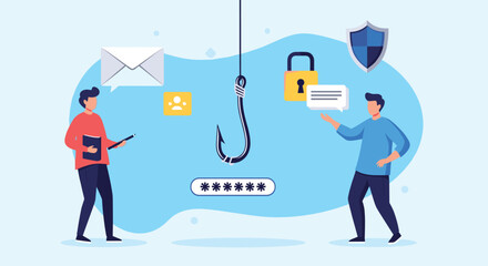 Cybersecurity concept of a phishing attack with a large hook stealing a password from two unsuspecting users online.
