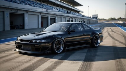 Sleek black sports car parked on racing track