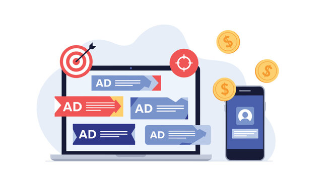 Pay-per-click advertising campaign concept with ad banners on a laptop and a mobile phone showing targeted marketing and revenue.