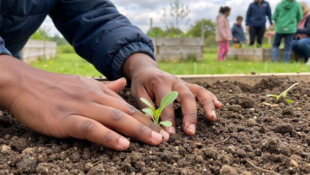 Close up of African American hands planting a green seedling in soil. Child gardening outdoors with blurred group in background