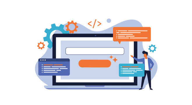 Website development and UI design concept with a developer building a webpage on a large laptop screen with code and elements.