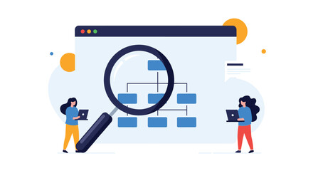 Business structure and organizational analysis concept with two women using a large magnifying glass to study a flowchart.