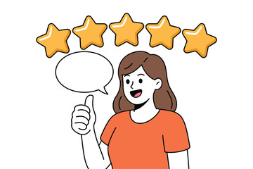 Cartoon woman giving thumbs up with speech bubble and five stars above her head