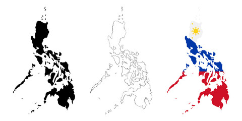 Philippines map flag. Silhouette, dotted outline and national flag versions of island country vector illustration. Southeast Asian geography and travel symbol. Political and patriotic sign.