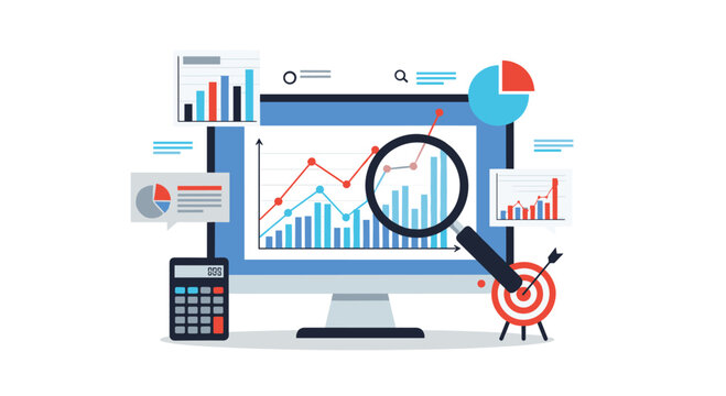 Comprehensive business data analysis dashboard on a computer screen with various charts a calculator and a target for KPIs.