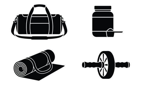 Collection of fitness equipment including a gym bag supplement jar yoga mat and ab wheel isolated on white background