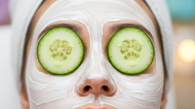 Caucasian female with facial mask and cucumber slices relaxing in spa treatment