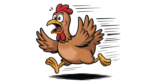 A cartoon chicken is running fast with a scared expression on its face.
