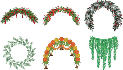 Set of floral arches and garlands isolated on transparent background, perfect for wedding decorations and festive events