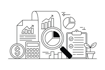 Line art illustration of financial analysis with charts and magnifying glass