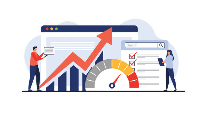 Website performance and SEO optimization concept with people analyzing a growth chart a speedometer and a search checklist.