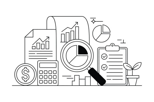 Line art illustration of financial analysis with charts and magnifying glass