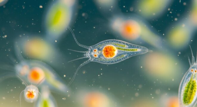 Explore the Microscopic World of Protists Swimming Freely with Visible Cellular Structures in Vivid Detail for Scientific Research and Education, a stunning glimpse into biology