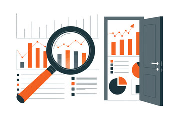 Magnifying glass over data charts and graphs with an open door revealing more