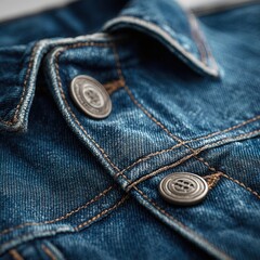 Close-up of blue denim jacket details with buttons and seams on white background