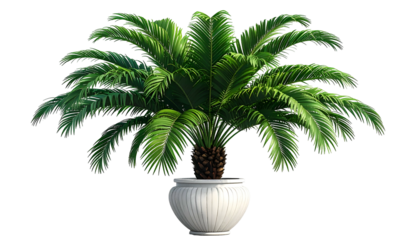 Lush, digitally rendered cycad in white decorative planter against black background