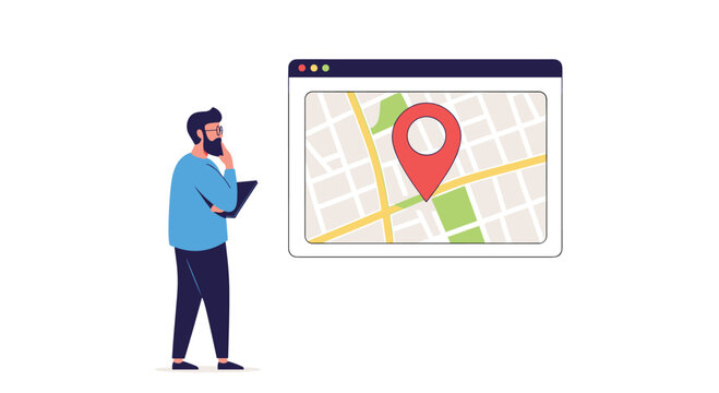 Thoughtful man looking at a digital map with a location pin on a browser screen for navigation or local search purposes.