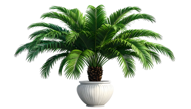 Lush, digitally rendered cycad in white decorative planter against black background