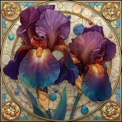 Elegant purple iris flower art with golden frame high resolution image