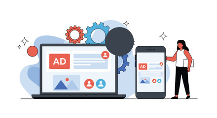 Woman manages a responsive cross-device advertising campaign shown on both a laptop and smartphone for maximum user reach.