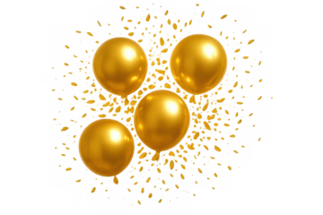 Golden balloons and confetti showering on transparent background celebrating party, anniversary, or special event