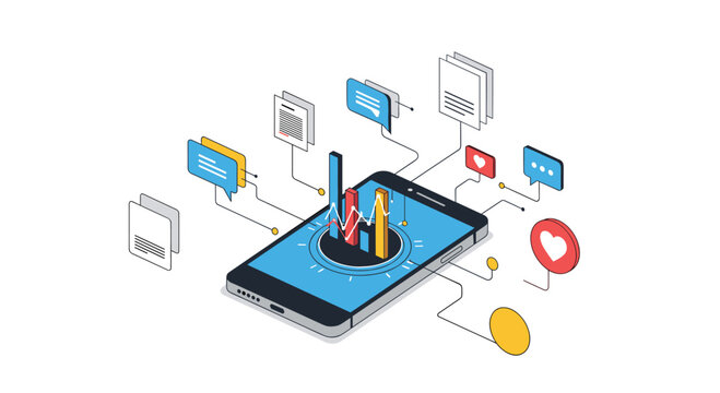 Isometric smartphone displays complex data analytics with charts graphs and social media engagement icons for mobile marketing. - Powered by Adobe