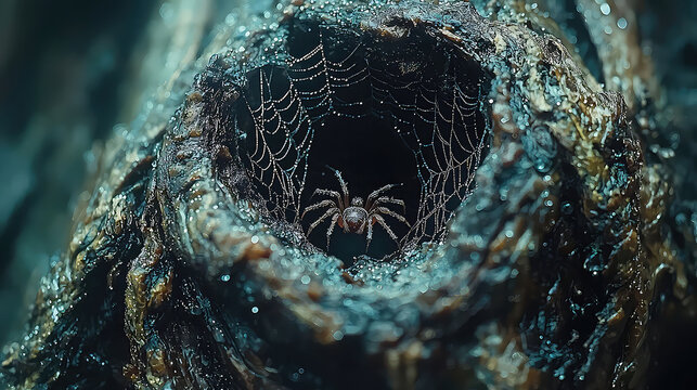 Complex image of a spider web covered in morning dew, highlighting natural engineering and survival