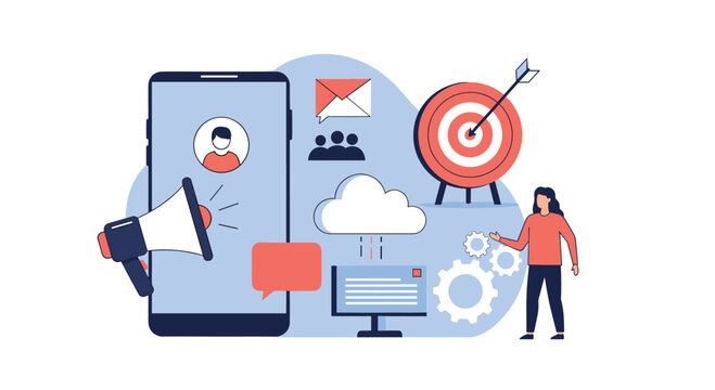 Digital marketer manages a multi-channel communication strategy using a smartphone megaphone email and cloud computing services.