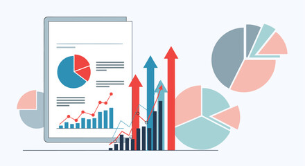 Business analytics report with various pie charts and bar graphs showing financial performance data and market growth trends.