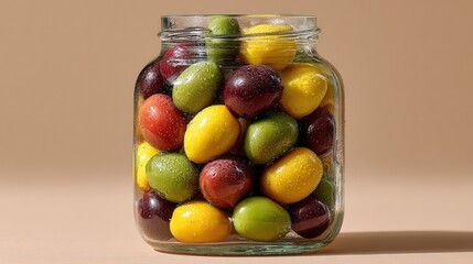 Glass jar of mixed olives