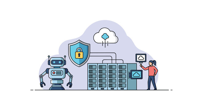 IT professional manages secure cloud hosting services connected to server racks with protection from an AI robot and a shield. - Powered by Adobe