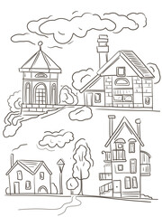 House street trees city village hand drawn sketch style cute cartoon buildings architecture windows doors roofs landscap