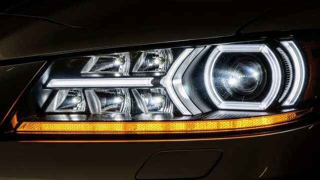 Close-up of modern car headlight with led technology