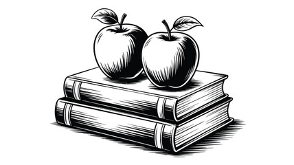 Two apples rest atop a stack of two closed books, presented in a black and white illustration.