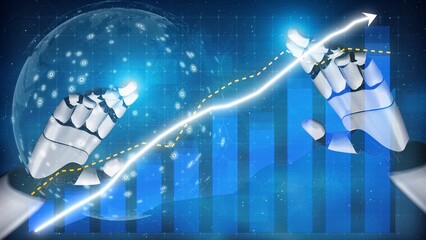 Futuristic robotic hands interact with dynamic data graphs and growth indicators, representing advanced technology and innovation in a digital landscape. Copula