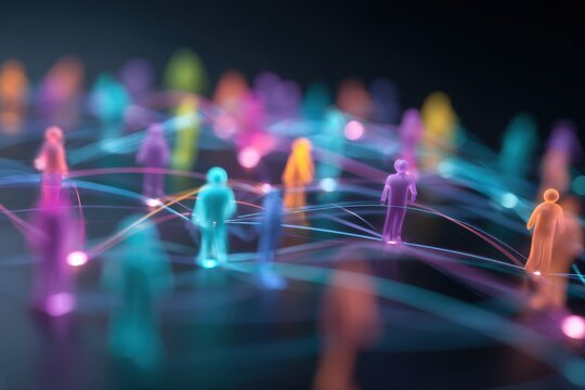 Visual representation of a vibrant social media network with colorful connections between people in a digital space