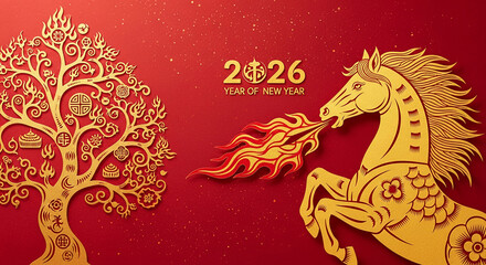 Illustration of golden ornamental tree, horse and year number on red background. Symbolizes the Chinese New Year 2026, celebration and auspiciousness