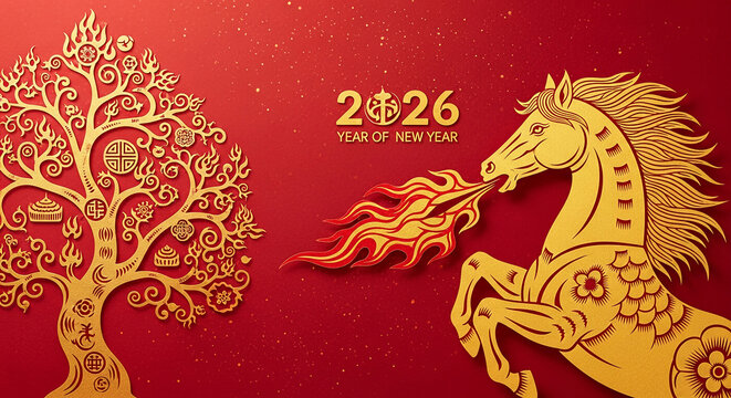 Illustration of golden ornamental tree, horse and year number on red background. Symbolizes the Chinese New Year 2026, celebration and auspiciousness