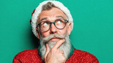 Thoughtful Senior Man in Santa Hat with Colorful Background