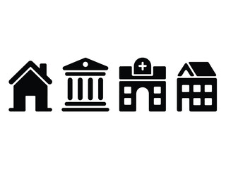 A row of stylized building icons representing different structures.